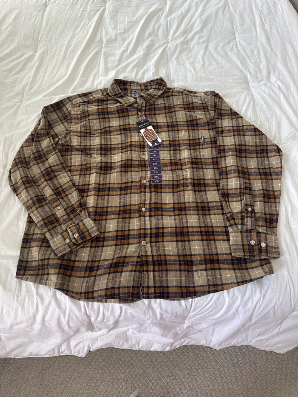Eddie Bauer Tan, Brown and Black Plaid Flannel Button-Down Shirt